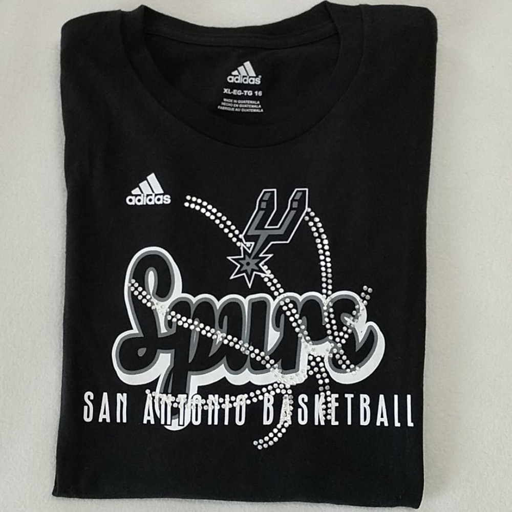NEW San Antonio Spurs Tshirt Adidas Glitter Top Bling Tee Girl's XL 16 NBA 4her